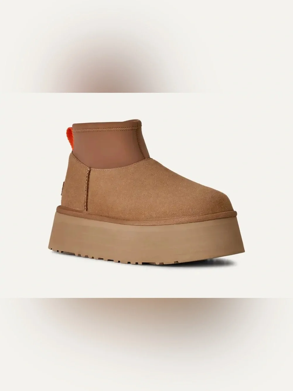 UGG Women's Tan Suede Platform Ankle Boots with Orange Pull Tab - Picture 5 of 8